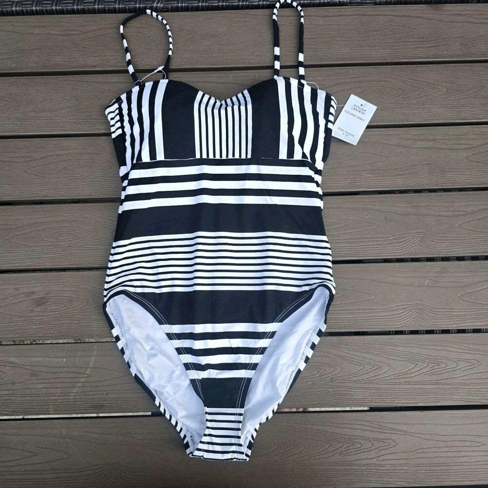 La Blanca Fine Lines Stripes 1 Piece Black & White Sz 6 New No Tag